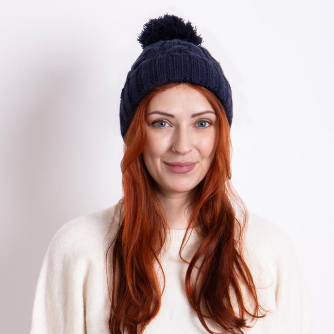 totes Ladies Cable Knit Hat with Pom Pom Detail Navy